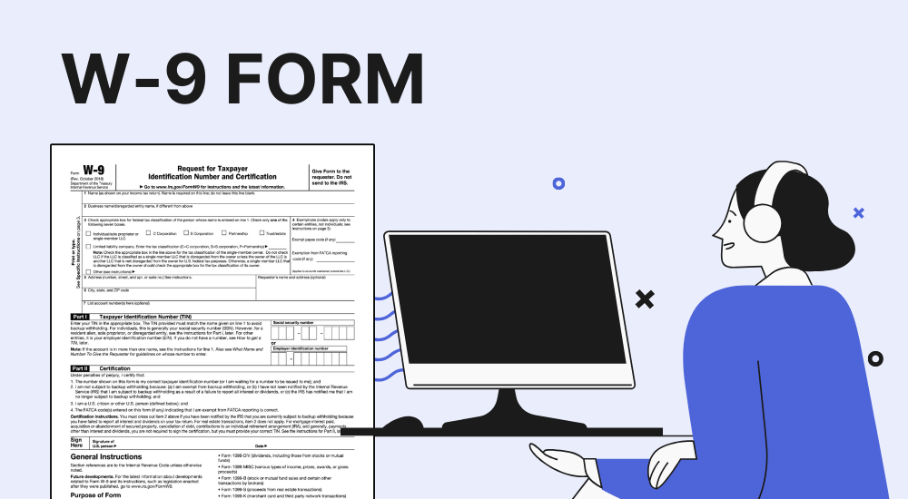 IRS Form W-9 template for 2024 and the image of the woman with a computer